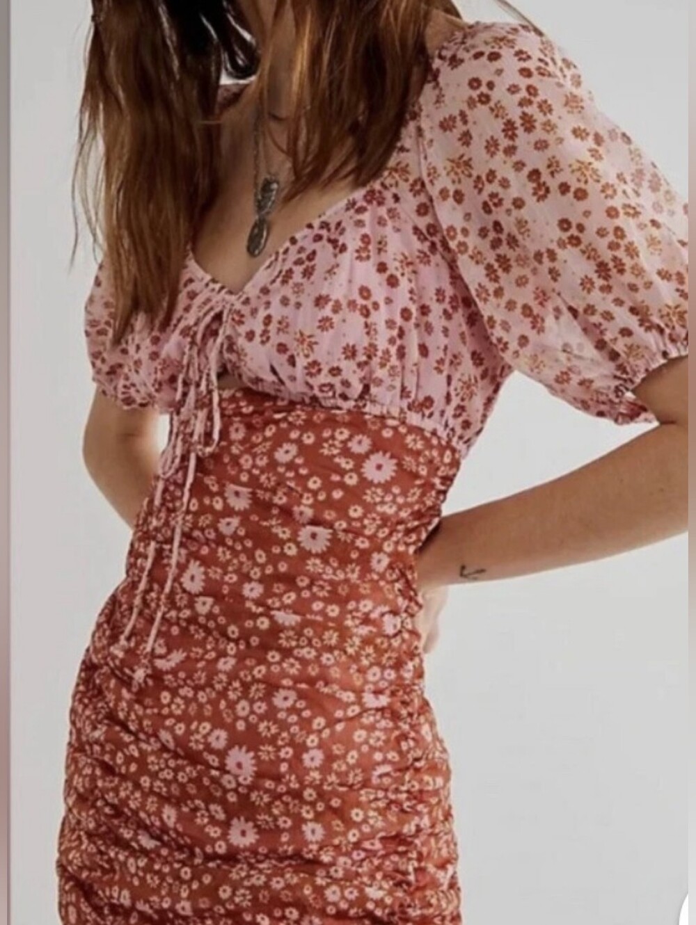 EUC...Free People Tessa Floral Puff Sleeve Ruched Mini Dress Size S